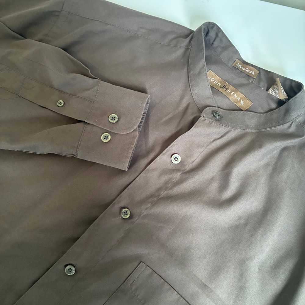 John Henry Micro-Touch Brown Band Collar Button Down Shirt Mens Medium